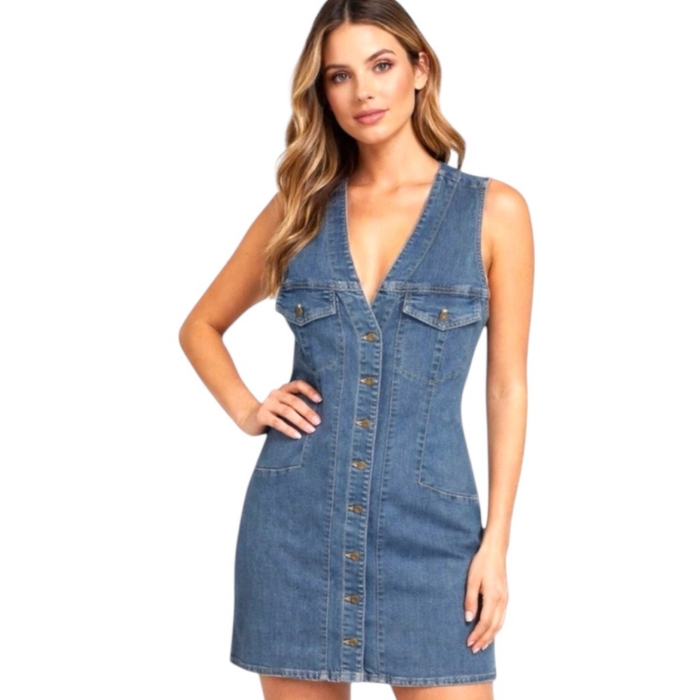 Free People Wandering Star Denim Mini Dress Blue Button Front Size 6 NWT